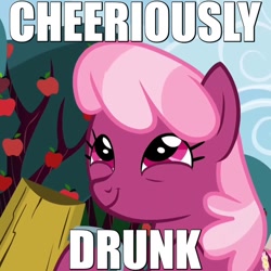 Size: 600x600 | Tagged: safe, screencap, character:cheerilee, episode:the super speedy cider squeezy 6000, g4, my little pony: friendship is magic, animation error, apple, caption, cheerious, cider, drink, drinking, drunk, happy, image macro, mug, pun, smiling, solo, tree, wrong eye color