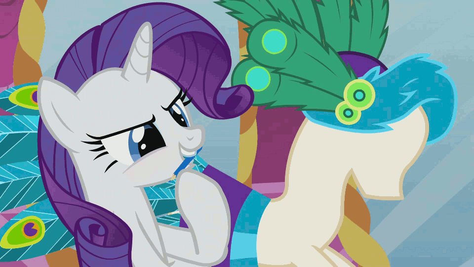 Size: 960x540 | Tagged: safe, screencap, character:rarity, character:sweetie belle, episode:ponyville confidential, g4, my little pony: friendship is magic, animated, blushing, carousel boutique, dress making, dressup, inspiration, lip bite, magic, mannequin, mirror, mouth hold, notepad, peacock, peacock feathers, pencil, reporter, smirk, stool, telekinesis