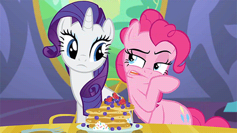 Size: 480x270 | Tagged: safe, screencap, character:pinkie pie, character:rarity, episode:castle sweet castle, g4, my little pony: friendship is magic, season 5, animated, pancakes, pinkie drama
