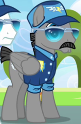 Size: 201x304 | Tagged: safe, screencap, character:fast clip, species:pegasus, species:pony, episode:wonderbolts academy, baseball cap, buttchin, clothing, cropped, facial hair, hat, male, manerick, moustache, shirt, solo focus, stallion, sunglasses, uniform, whiplash