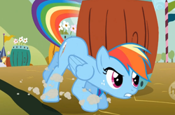 Size: 736x484 | Tagged: safe, screencap, character:applejack, character:rainbow dash, episode:fall weather friends, g4, my little pony: friendship is magic, animation error, freckles, solo