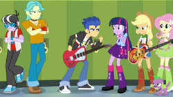 Size: 1280x716 | Tagged: safe, screencap, character:applejack, character:flash sentry, character:fluttershy, character:ringo, character:spike, character:twilight sparkle, character:twilight sparkle (alicorn), species:alicorn, species:dog, equestria girls:rainbow rocks, g4, my little pony:equestria girls, background human, brawly beats, flash drive (band), ringo, spike the dog, the rainbooms