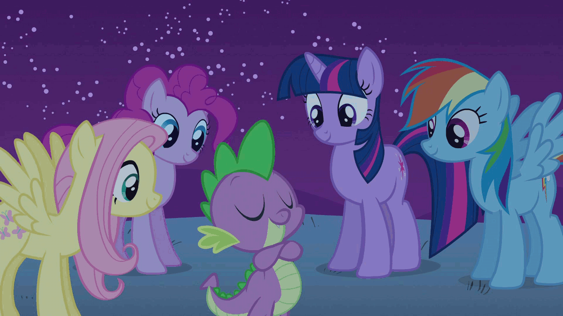 Size: 1152x648 | Tagged: safe, screencap, character:fluttershy, character:pinkie pie, character:rainbow dash, character:rarity, character:spike, character:twilight sparkle, episode:owl's well that ends well, g4, my little pony: friendship is magic, admiration, animated, floating, hill, lidded eyes, night, praise, scratching, sheepish, shrug, smiling, spikelove, stare, stars
