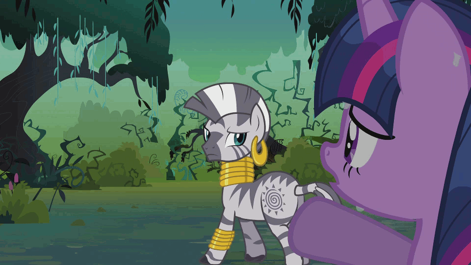 Size: 960x540 | Tagged: safe, screencap, character:twilight sparkle, character:twilight sparkle (unicorn), character:zecora, species:pony, species:unicorn, species:zebra, episode:magic duel, g4, my little pony: friendship is magic, animated, dripping, earring, everfree forest, eyes closed, female, forest, leg rings, mare, mushroom, neck rings, necklace, plot, thorns, training, tree, vine, wet, wet mane