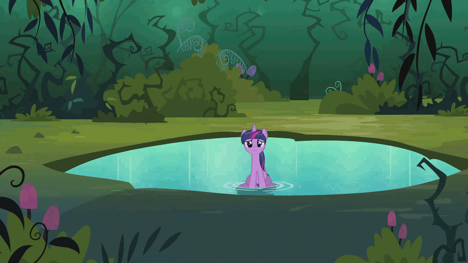 Size: 960x540 | Tagged: safe, screencap, character:twilight sparkle, episode:magic duel, g4, my little pony: friendship is magic, animated, dripping, everfree forest, mushroom, pond, thorns, tree, vine, wet mane, worried, zoom out