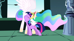 Size: 1366x768 | Tagged: safe, screencap, character:princess celestia, character:twilight sparkle, episode:friendship is magic, g4, my little pony: friendship is magic, castle of the royal pony sisters, neck hug, twilight cat