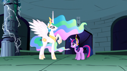Size: 1366x768 | Tagged: safe, screencap, character:princess celestia, character:twilight sparkle, character:twilight sparkle (unicorn), species:pony, species:unicorn, episode:friendship is magic, g4, my little pony: friendship is magic, animation error, big crown thingy, castle of the royal pony sisters, crown, duo, ethereal mane, female, hoof shoes, jewelry, mare, peytral, raised hoof, regalia, size difference