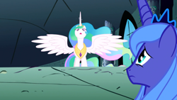 Size: 1366x768 | Tagged: safe, screencap, character:princess celestia, character:princess luna, species:alicorn, species:pony, episode:friendship is magic, g4, my little pony: friendship is magic, castle of the royal pony sisters, s1 luna, spread wings, wings