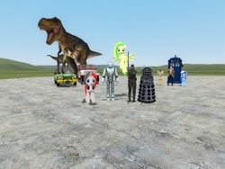 Size: 1024x768 | Tagged: safe, screencap, character:doctor whooves, character:minuette, character:time turner, oc, oc:mic the microphone, oc:wooden toaster, 3d, big boss, cyberman, dalek, doctor who, gmod, jurassic park, konami, metal gear, metal gear solid, slenderman, tardis