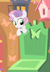 Size: 209x297 | Tagged: safe, screencap, character:sweetie belle, species:pony, species:unicorn, episode:stare master, g4, my little pony: friendship is magic, animated, behaving like a cat, chair, cropped, cute, dawwww, diasweetes, female, filly, kitty belle, smiling, solo