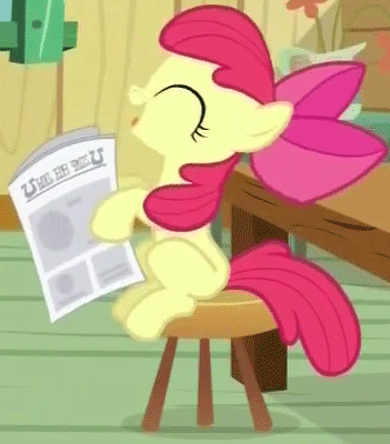 Size: 351x400 | Tagged: safe, screencap, character:apple bloom, episode:ponyville confidential, g4, my little pony: friendship is magic, animated, cropped, laughing, loop, newspaper, ribbon, solo