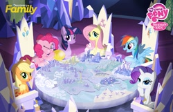Size: 800x518 | Tagged: safe, official, screencap, character:applejack, character:fluttershy, character:pinkie pie, character:rainbow dash, character:rarity, character:twilight sparkle, character:twilight sparkle (alicorn), species:alicorn, species:pony, episode:the cutie map, g4, my little pony: friendship is magic, balloon, bedroom eyes, blowing up balloons, cutie map, discovery family, discovery family logo, female, friendship throne, looking at you, mane six, map, mare, open mouth, puffy cheeks, sitting, smiling, spread wings, throne, twilight's castle, wings, wink