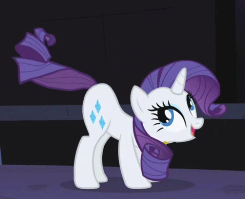 Size: 503x407 | Tagged: safe, screencap, character:rarity, species:pony, species:unicorn, episode:friendship is magic, g4, my little pony: friendship is magic, animated, butt shake, castle of the royal pony sisters, cute, female, grin, looking back, mare, open mouth, plot, rarara, raribetes, smiling, solo, tail twirl, tail wag, tail whip, talking, twerking