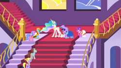 Size: 1366x768 | Tagged: safe, screencap, character:lyrica lilac, character:north star (g4), character:princess celestia, character:royal ribbon, character:star gazer, character:twilight sparkle, episode:the best night ever, g4, my little pony: friendship is magic