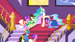 Size: 1366x768 | Tagged: safe, screencap, character:fine line, character:north star (g4), character:perfect pace, character:princess celestia, character:twilight sparkle, episode:the best night ever, g4, my little pony: friendship is magic