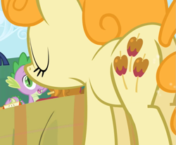 Size: 869x718 | Tagged: safe, screencap, character:caramel apple, character:spike, species:pony, episode:friendship is magic, g4, my little pony: friendship is magic, background pony, candy ass, female, mare, plot
