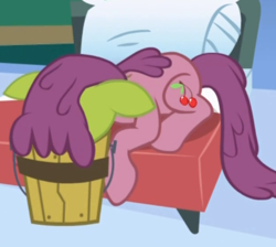 Size: 618x554 | Tagged: safe, screencap, species:earth pony, species:pony, episode:applebuck season, g4, my little pony: friendship is magic, background pony, baked bads, bucket, cherry punch, cropped, female, green face, mare, nauseous, sick, solo, vomiting
