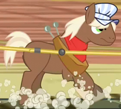 Size: 280x251 | Tagged: safe, screencap, species:earth pony, species:pony, episode:over a barrel, g4, my little pony: friendship is magic, background pony, bandana, caboose, clothing, cropped, dust cloud, hat, horse collar, male, running, solo, stallion