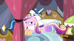 Size: 1920x1080 | Tagged: safe, artist:shutterflyeqd, screencap, character:princess cadance, character:shining armor, ship:shiningcadance, bed, blushing, discovery family logo, fake screencap, female, floppy ears, husband and wife, i can't believe it's not hasbro studios, male, prone, shipping, snuggling, straight