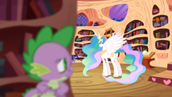 Size: 1366x768 | Tagged: safe, screencap, character:princess celestia, character:spike, character:twilight sparkle, species:alicorn, species:dragon, species:pony, episode:lesson zero, g4, my little pony: friendship is magic, book, bookshelf, ethereal mane, eyes on the prize, female, golden oaks library, library, male, mare, out of focus, spread wings, wings