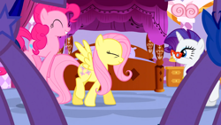 Size: 1366x768 | Tagged: safe, screencap, character:fluttershy, character:pinkie pie, character:rarity, episode:suited for success, g4, my little pony: friendship is magic