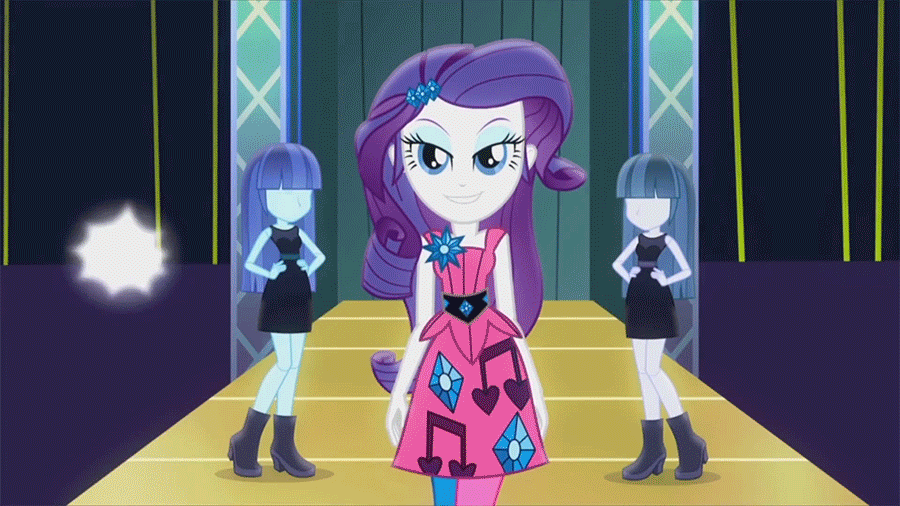 Size: 900x506 | Tagged: safe, screencap, character:rarity, episode:life is a runway, g4, my little pony:equestria girls, >:d, animated, evil grin, faec, grin, hip sway, lidded eyes, mannequin, sassy, smiling, smirk, strut, sway, walking