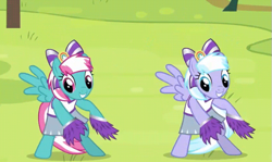 Size: 531x316 | Tagged: safe, screencap, character:lilac sky, character:spring step, character:sunlight spring, species:pony, episode:rainbow falls, g4, my little pony: friendship is magic, bipedal, bow, cheerleader, clothing, funny, grass, hair bow, pom pom, skirt, wat