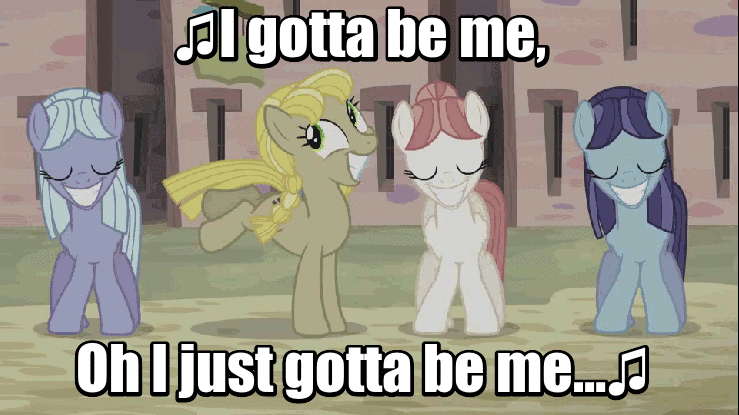 Size: 739x415 | Tagged: safe, screencap, character:offbeat, species:earth pony, species:pegasus, species:pony, episode:the cutie map, g4, my little pony: friendship is magic, animated, bucking, equal cutie mark, eyes closed, female, grin, image macro, in our town, mare, meme, music notes, soulless, the far side