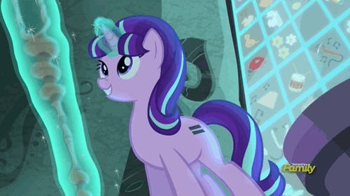 Size: 500x280 | Tagged: safe, screencap, character:starlight glimmer, species:pony, species:unicorn, episode:the cutie map, g4, my little pony: friendship is magic, animated, blinking, cute, cutie mark vault, discovery family, discovery family logo, female, glimmerbetes, glowing horn, horn, lidded eyes, magic, mare, raised hoof, s5 starlight, smiling, solo, staff, staff of sameness, telekinesis, when she smiles