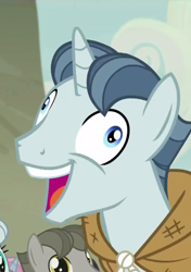 Size: 390x554 | Tagged: safe, screencap, character:party favor, species:pony, species:unicorn, episode:the cutie map, g4, my little pony: friendship is magic, derp, i didn't listen, image macro, meme, open mouth, smiling, template, wide eyes