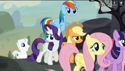 Size: 1143x655 | Tagged: safe, screencap, character:applejack, character:double diamond, character:fluttershy, character:pinkie pie, character:rainbow dash, character:rarity, character:twilight sparkle, character:twilight sparkle (alicorn), species:alicorn, species:earth pony, species:pegasus, species:pony, species:unicorn, episode:the cutie map, g4, my little pony: friendship is magic, animation error, are you frustrated?, cutie mark, female, great moments in animation, long neck, male, mane six, mare, necc, rainbow girrash, rarity is not amused, rokurokubi dash, stallion, unamused, wat