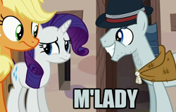 Size: 850x540 | Tagged: safe, screencap, character:applejack, character:party favor, character:rarity, episode:the cutie map, g4, my little pony: friendship is magic, awkward, clothing, fedora, hat, image macro, m'lady, meme, neckbeard, stare