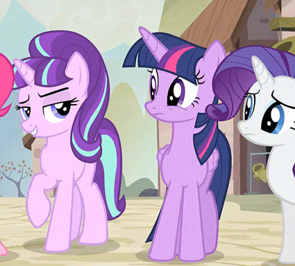 Size: 425x384 | Tagged: safe, screencap, character:pinkie pie, character:rarity, character:starlight glimmer, character:twilight sparkle, character:twilight sparkle (alicorn), species:alicorn, species:pony, episode:the cutie map, g4, my little pony: friendship is magic, animated, dithering, female, hoof under chin, in our town, mare, our town, personal space invasion, raised eyebrow, raised hoof, s5 starlight, singing