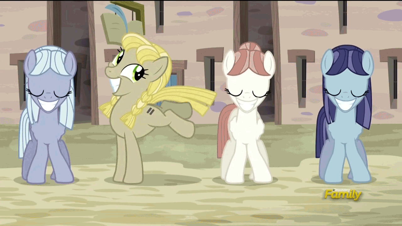 Size: 1280x720 | Tagged: safe, screencap, character:dusk drift, character:offbeat, episode:the cutie map, g4, my little pony: friendship is magic, animated, bucking, cute, dancing, equal cutie mark, eyes closed, grin, in our town, left shark, smiling