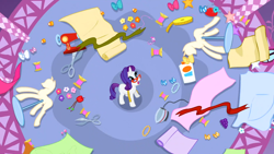 Size: 1366x768 | Tagged: safe, screencap, character:rarity, episode:suited for success, g4, my little pony: friendship is magic, fabric, glue, magic, mannequin, measuring tape, scissors, solo, thread