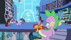 Size: 1280x720 | Tagged: safe, screencap, character:spike, character:twilight sparkle, character:twilight sparkle (unicorn), species:dragon, species:pony, species:unicorn, episode:friendship is magic, g4, my little pony: friendship is magic, book, bookshelf, canterlot, duo, female, hourglass, male, mare, twilight's canterlot home