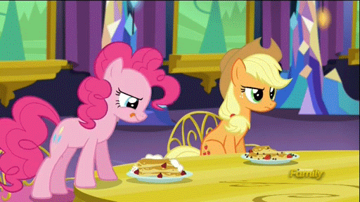 Size: 512x288 | Tagged: safe, screencap, character:applejack, character:pinkie pie, episode:castle sweet castle, g4, my little pony: friendship is magic, animated, eating, gagging, measuring spoon, pancakes, spoon