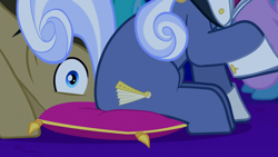 Size: 1366x768 | Tagged: safe, screencap, character:doctor whooves, character:hoity toity, character:time turner, episode:suited for success, g4, my little pony: friendship is magic, facesitting, pillow, raised hoof, sitting, surprised, wide eyes