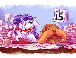 Size: 1400x1075 | Tagged: safe, artist:whitediamonds, character:applejack, character:rarity, ship:rarijack, calculator, calendar, female, frazzled, glasses, horse taxes, lesbian, messy mane, pencil, rarijack daily, shipping, stressed, tax day, taxes, tea, teacup, wide eyes