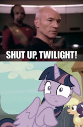 Size: 640x976 | Tagged: safe, screencap, character:applejack, character:rarity, character:twilight sparkle, character:twilight sparkle (alicorn), species:alicorn, species:human, episode:the cutie map, g4, my little pony: friendship is magic, captain picard, caption, equalized, floppy ears, image macro, irl, irl human, jean-luc picard, meme, michael dorn, patrick stewart, photo, shut up twilight, star trek, star trek: the next generation, worf