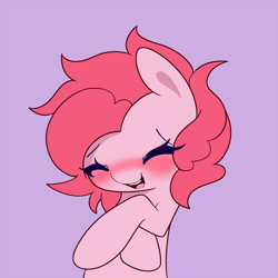Size: 900x900 | Tagged: safe, artist:joyfulinsanity, character:pinkie pie, blushing, cute, diapinkes, eyes closed, open mouth, purple background, simple background, smiling, solo