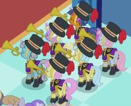 Size: 185x149 | Tagged: safe, screencap, species:pony, species:unicorn, episode:a canterlot wedding, g4, my little pony: friendship is magic, background pony, clothing, cropped, female, hat, hornblower, mare, musical instrument, picture for breezies, top hat, trumpet, uniform, unnamed pony
