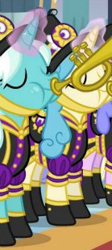 Size: 139x309 | Tagged: safe, screencap, character:clarion call, species:pony, species:unicorn, episode:a canterlot wedding, g4, my little pony: friendship is magic, background pony, clothing, cornetta, eyes closed, female, magic, mare, musical instrument, puffy cheeks, trumpet, uniform, unnamed pony