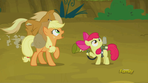 Size: 500x281 | Tagged: safe, screencap, character:apple bloom, character:apple cobbler, character:apple fritter, character:applejack, character:big mcintosh, character:braeburn, character:jonagold, species:earth pony, species:pony, episode:bloom and gloom, g4, my little pony: friendship is magic, animated, apple family member, discovery family, discovery family logo, male, missing accessory, pest control gear, stallion, twitbuster apple bloom, wagon