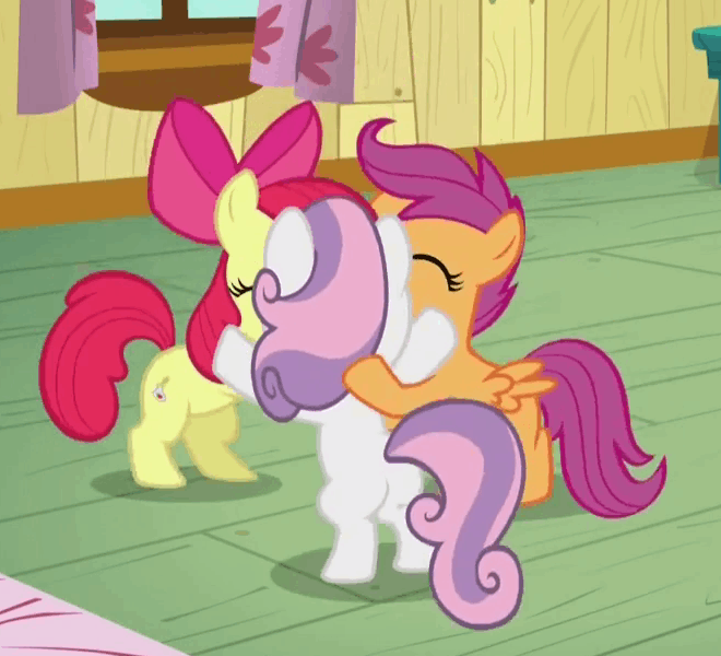 Size: 660x600 | Tagged: safe, screencap, character:apple bloom, character:scootaloo, character:sweetie belle, species:earth pony, species:pegasus, species:pony, species:unicorn, episode:bloom and gloom, g4, my little pony: friendship is magic, animated, cutie mark crusaders, eyes closed, female, filly, group hug, jumping