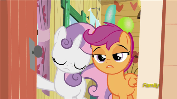 Size: 568x320 | Tagged: safe, screencap, character:scootaloo, character:sweetie belle, species:pegasus, species:pony, episode:bloom and gloom, g4, my little pony: friendship is magic, animated, disdain, scootaloo is not amused, unamused
