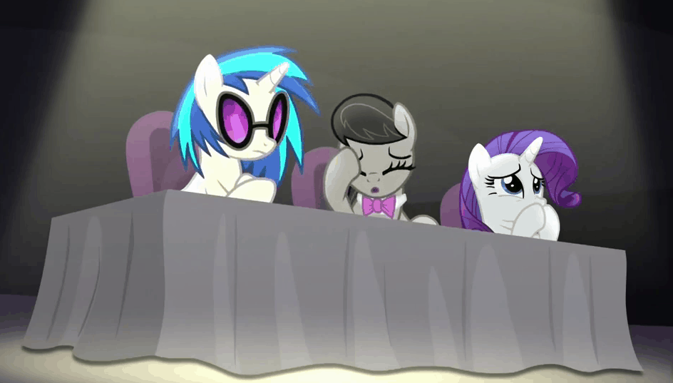 Size: 944x537 | Tagged: safe, screencap, character:dj pon-3, character:octavia melody, character:rarity, character:vinyl scratch, episode:bloom and gloom, g4, my little pony: friendship is magic, animated, disappointed, disapproval, facehoof, fail, reaction image, vinyl and octavia are not impressed, we were trolled