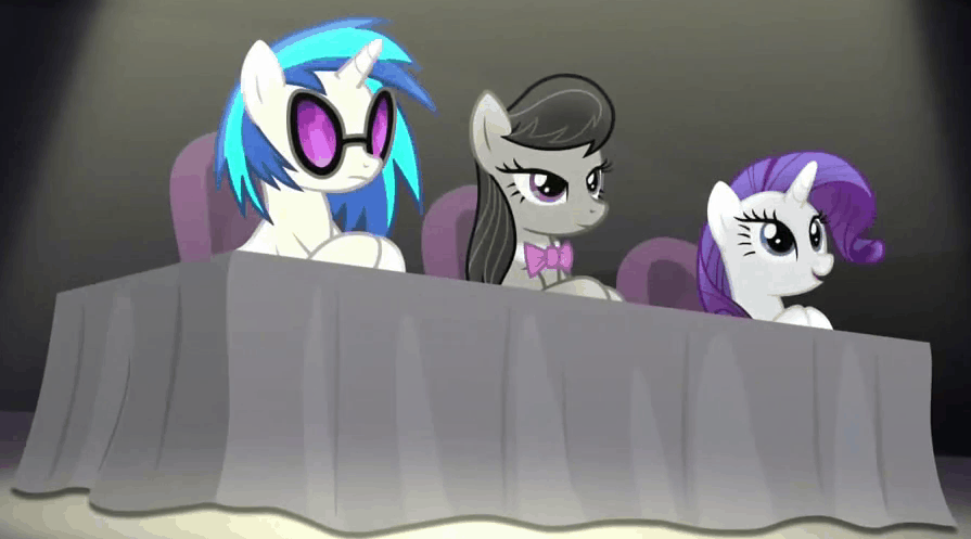 Size: 895x497 | Tagged: safe, screencap, character:dj pon-3, character:octavia melody, character:rarity, character:vinyl scratch, episode:bloom and gloom, g4, my little pony: friendship is magic, animated, we were trolled