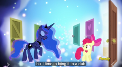 Size: 842x463 | Tagged: safe, screencap, character:apple bloom, character:princess luna, episode:bloom and gloom, g4, my little pony: friendship is magic, club, dream walker luna, meme, youtube caption