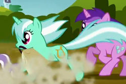 Size: 720x481 | Tagged: safe, screencap, character:amethyst star, character:lyra heartstrings, character:sparkler, episode:bloom and gloom, g4, my little pony: friendship is magic, bag, mouth hold, running, solo, wrong eye color